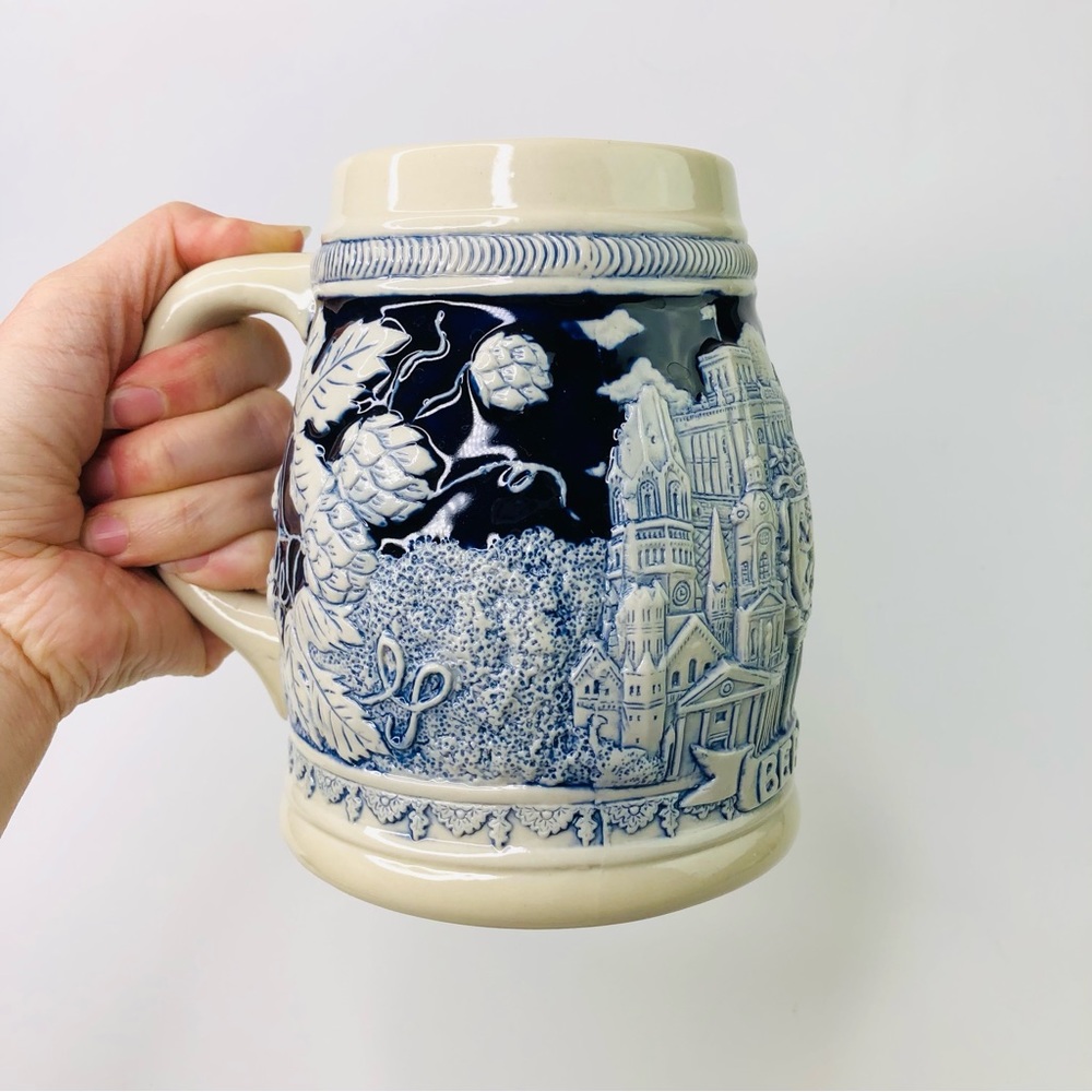Vintage Ceramic BERLIN GERMAN Beer Stein Mug Castle Blue 5" Tall Hand Painted